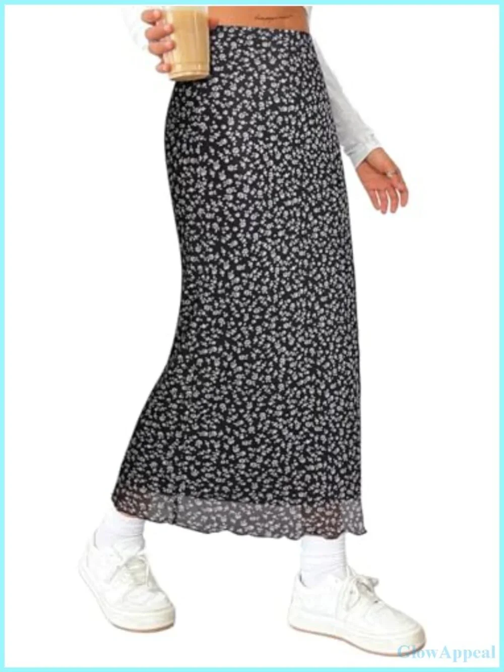 High Waisted Mesh Maxi Skirt with Side Slit and Floral Print for Summer